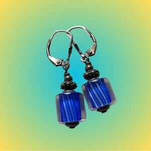 Vtg stamped 925 sterling silver sommerso art glass blue swirl leverback earrings
